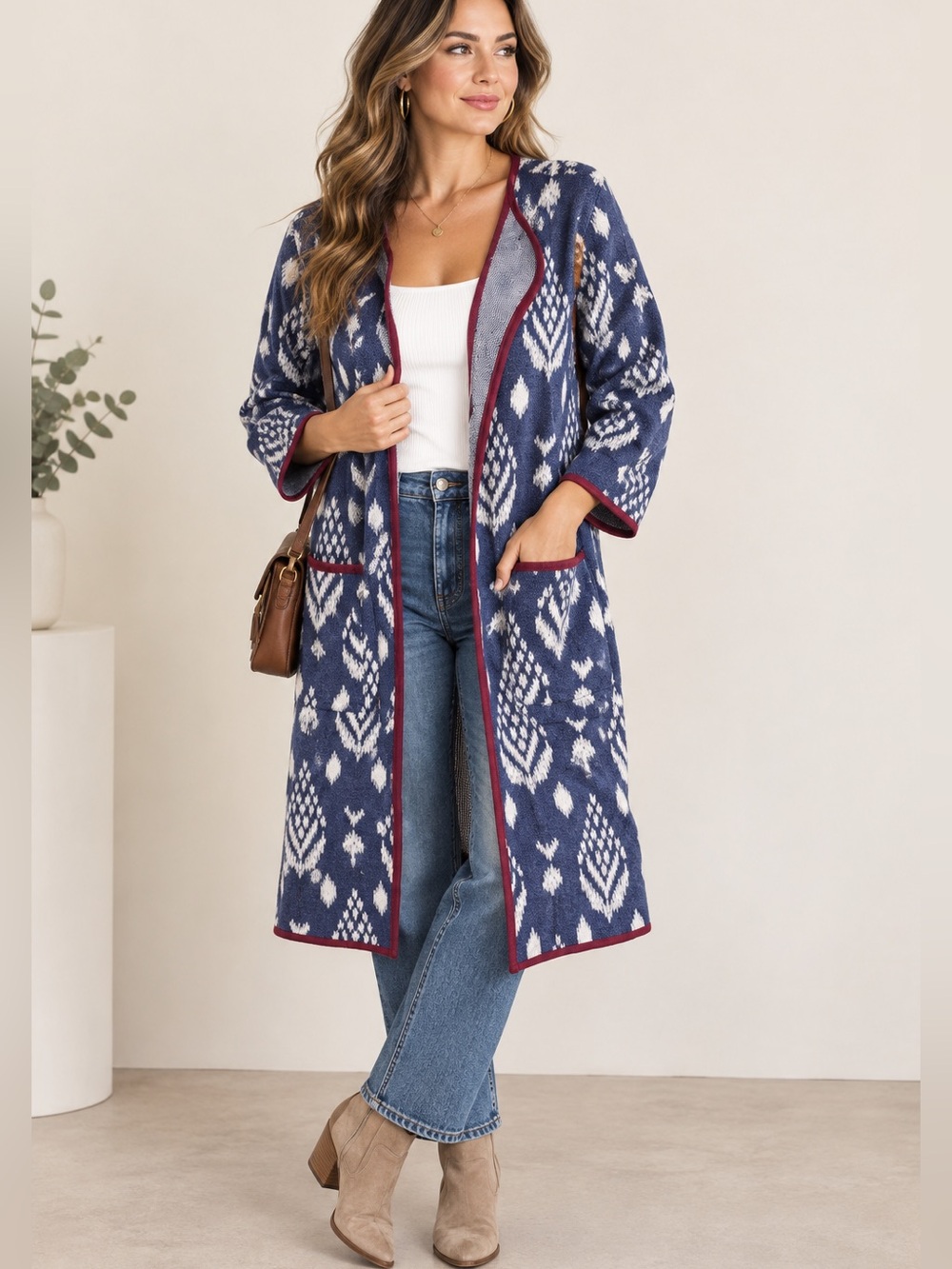 Antthony Original sweater duster knit cardigan open front jacquard Aztec size XS